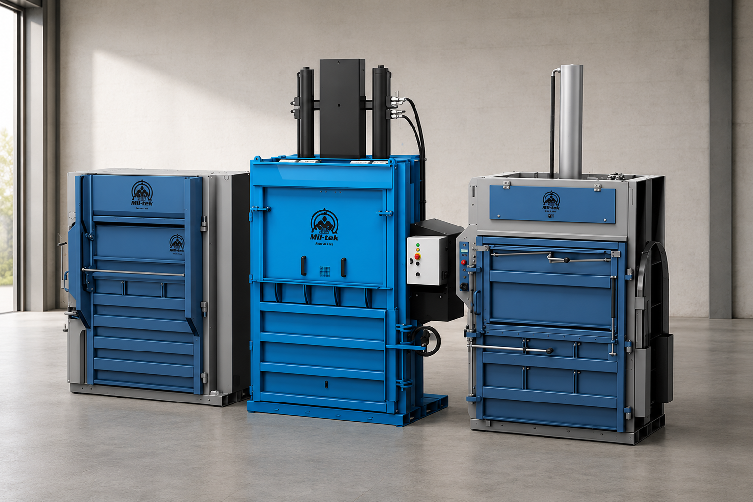 trois presses à balles hydrauliques